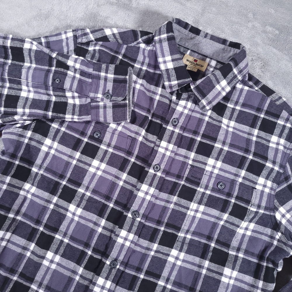 Woolrich Flannel‎ Shirt Mens Large Purple BlUe White Plaid Cotton 153205